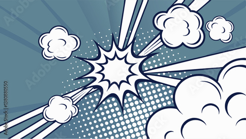 Retro Comic Book Explosion Design Pop Art, Blast, Dynamic, Speed Lines, Halftone, Clouds, Pow, Zoom,