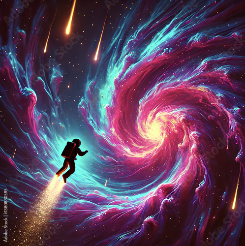 Astronaut floating near colorful swirling galaxy vortex with glowing meteors in deep space, vibrant cosmic nebula background