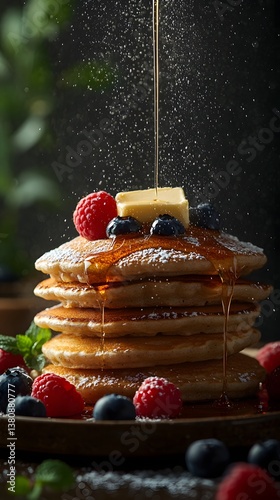 Sweet Morning Indulgence: A stack of fluffy pancakes is drenched in golden maple syrup, garnished with fresh berries and a pat of butter, creating a mouthwatering, delectable dessert.