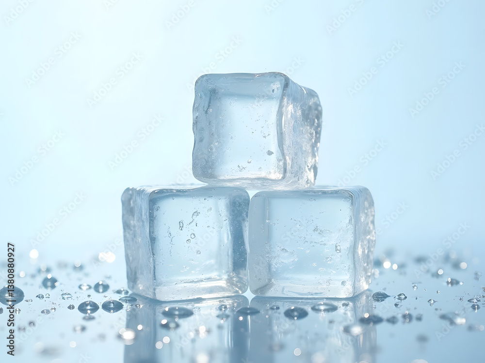 Stacked Clear Ice Cubes with Water Droplets Stacked Clear Ice Cubes with Water Droplets