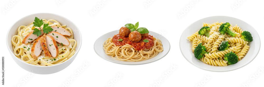 Three Pasta Dishes Chicken, Meatballs, and Broccoli. Three Pasta Dishes Chicken, Meatballs, and Broccoli.