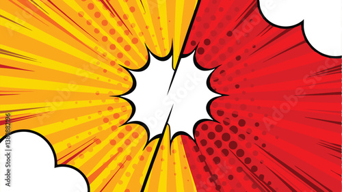 Comic Book Style, Red Yellow Explosion, Pop Art, Dynamic Background, Speech Bubble, Action Scene, Gr