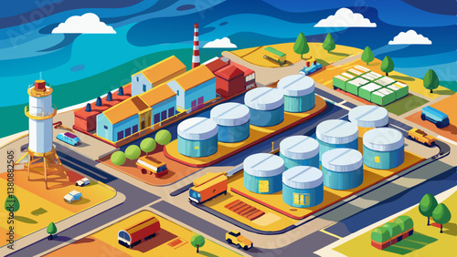 Aerial view oil terminal is industrial facility for storage tank of oil and petrochemical industry products ready for transport to further storage .