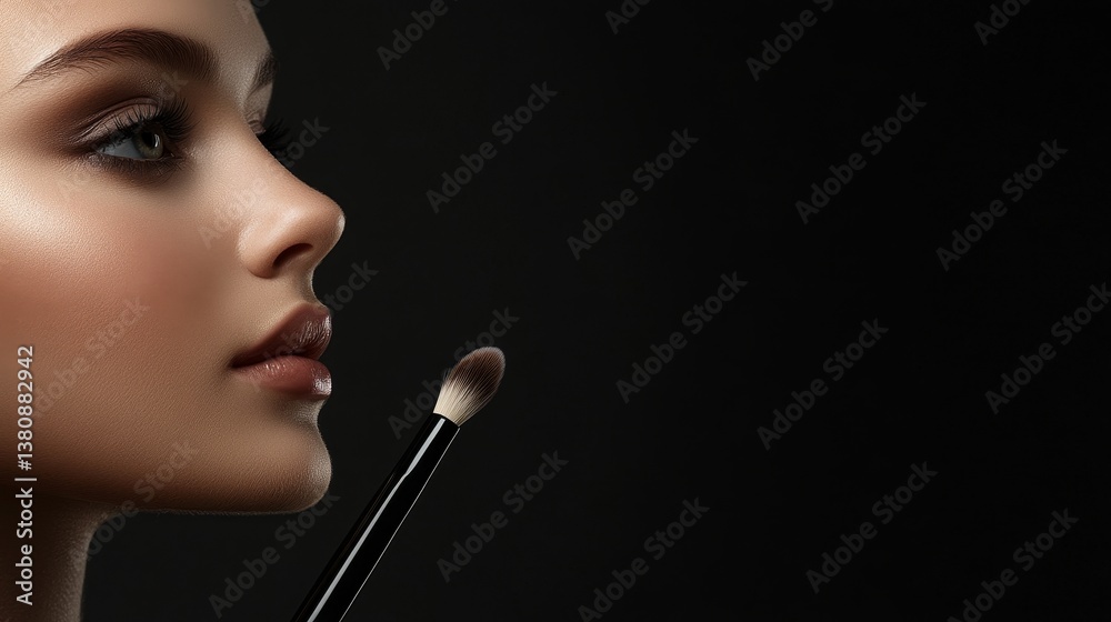 Obraz premium Model woman applying makeup with brush and lipstick in studio environment beauty focused perspective