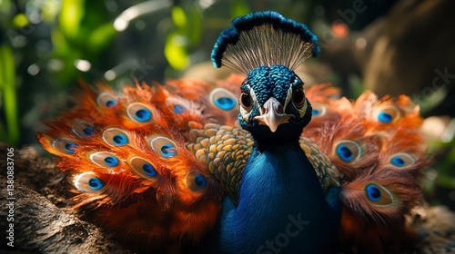 Striking peacock displaying vibrant feathers. Intense gaze