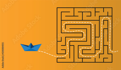 Vector illustration of a blue paper boat navigating out of a complex maze with a dashed path on an orange gradient background. Concept of problem-solving.