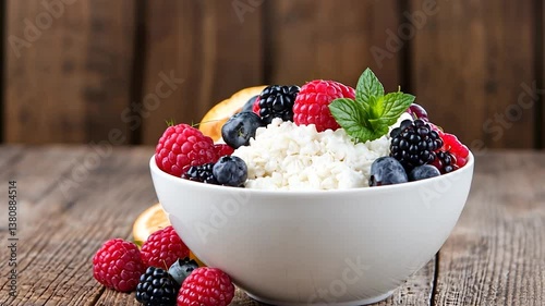 Fresh fruit bowl with raspberries, blueberries, and mint on a rustic wooden table background