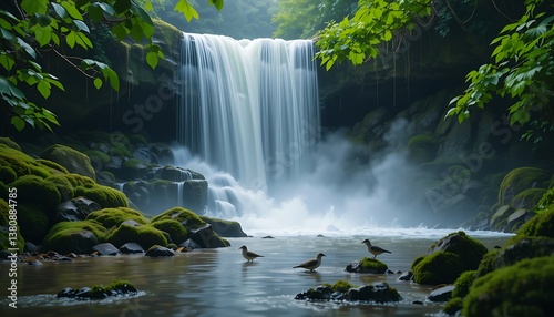 Waterfall Scenery with Birds Resting on Moss Covered Rocks