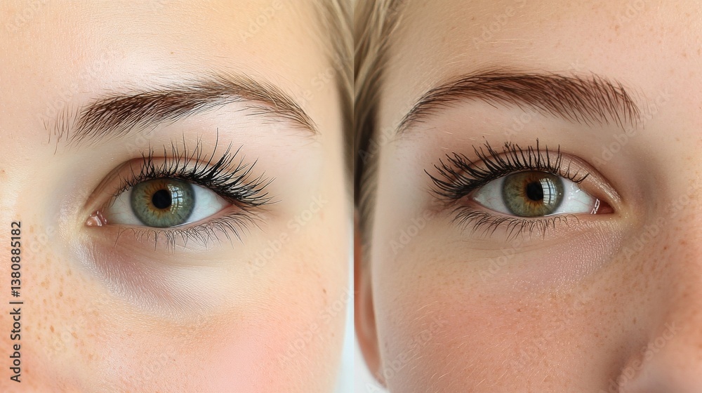 Woman showing her eyelashes before and after lamination procedure, closeup. Collage of photos