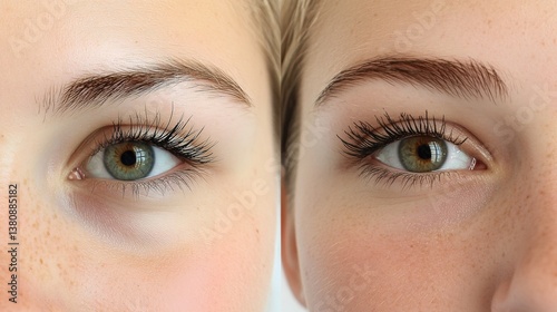 Obraz na płótnie Woman showing her eyelashes before and after lamination procedure, closeup. Collage of photos w salonie