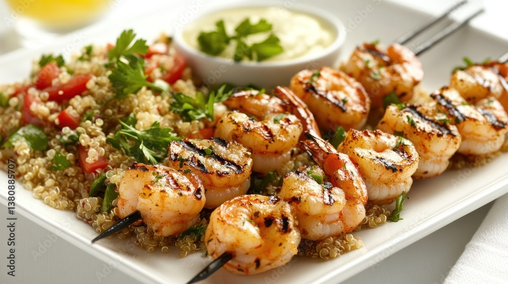 Grilled shrimp skewers served with quinoa salad and creamy dipping sauce