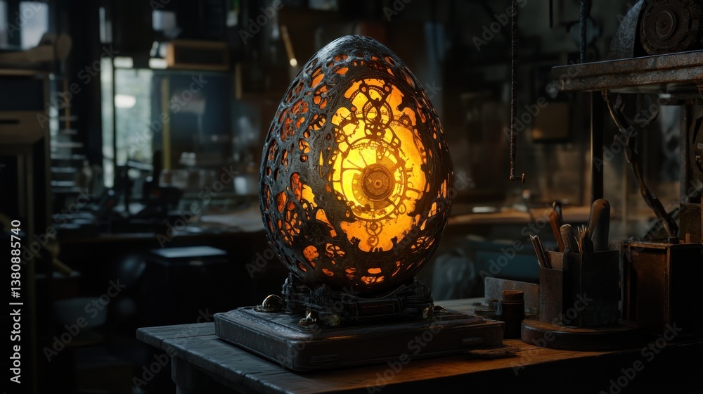 Glow Egg with Gears Standing on a Workbench in Workshop
