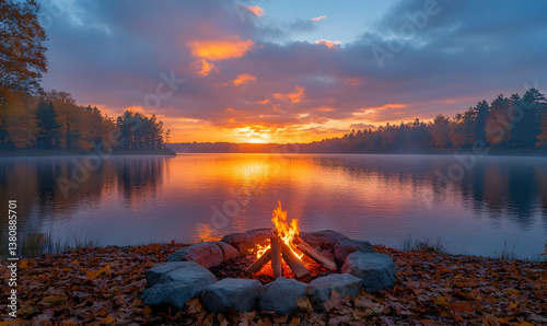 Fototapeta Naklejka Na Ścianę i Meble -  Autumn sunset lakeside campfire