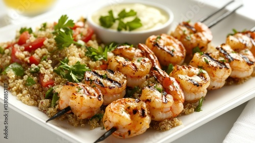 Obraz na płótnie Grilled shrimp skewers served with quinoa salad and creamy dipping sauce w salonie