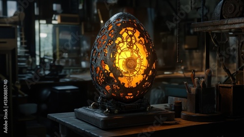 Obraz na płótnie Glow Egg with Gears Standing on a Workbench in Workshop w salonie