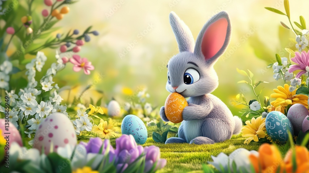Cartoon Bunny Holding Decorated Egg in Spring Meadow with Flowers