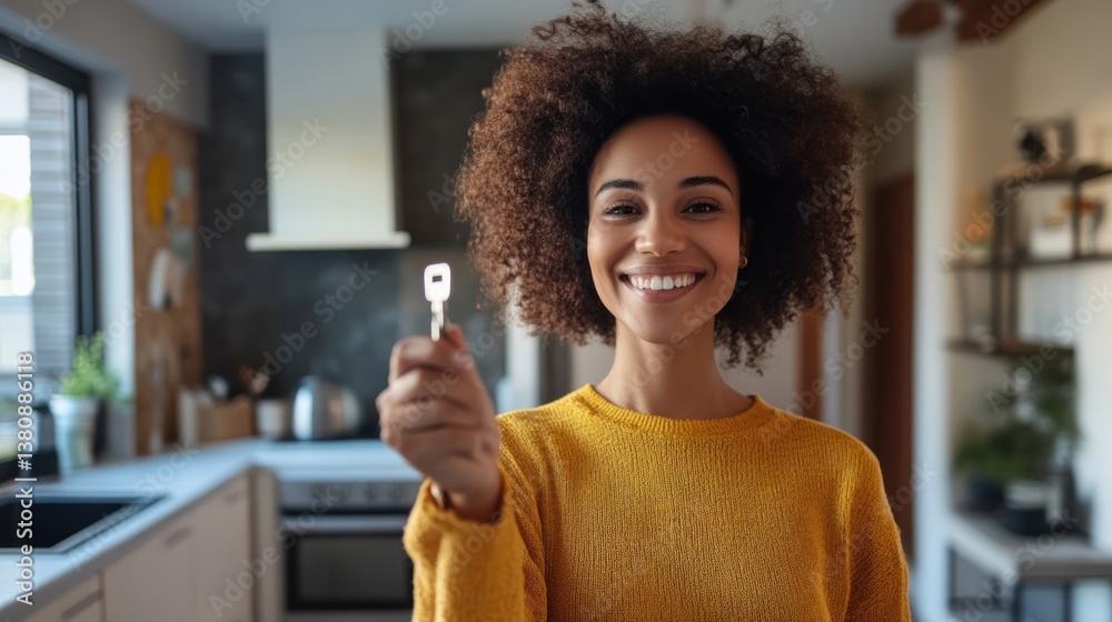 Joyful homeowner displays key to her new modern kitchen with immense happiness