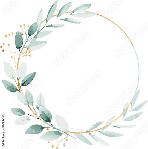 Elegant Gold Circle Wreath Watercolor Greenery Leaves Botanical Frame
