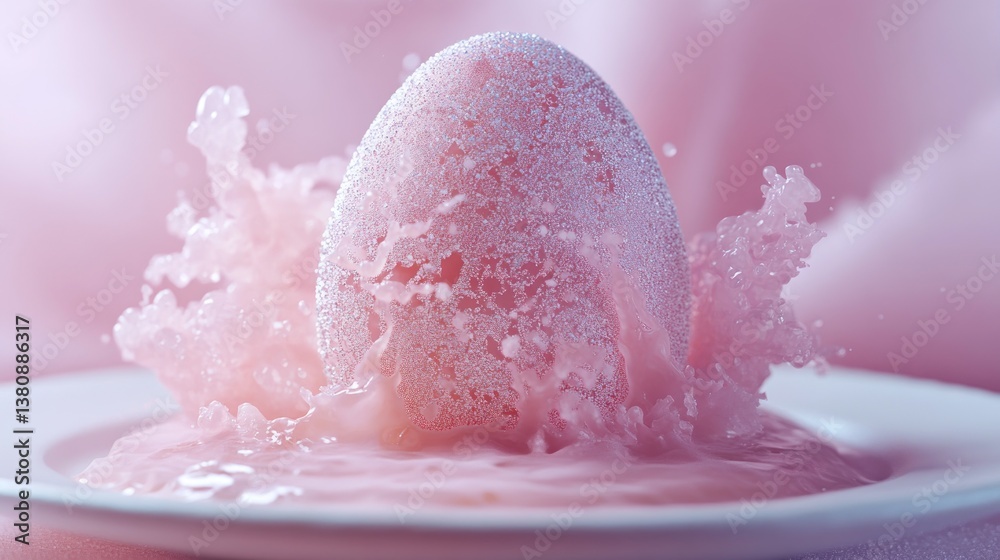 Pink Egg Immersed in Liquid Splash on Plate Still Life