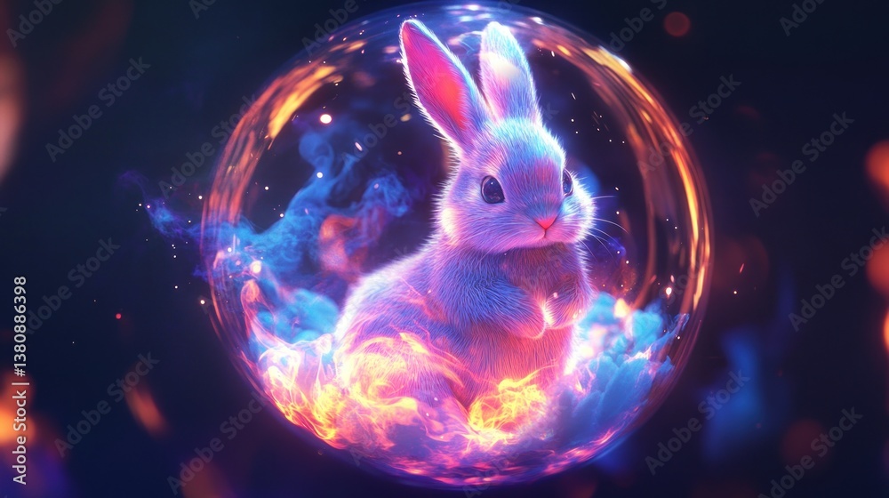 Glowing Bunny Sitting Inside Glass Sphere with Colorful Fire