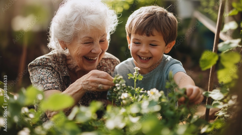 Generational joy a grandmother and grandson share laughter in a sunny garden setting
