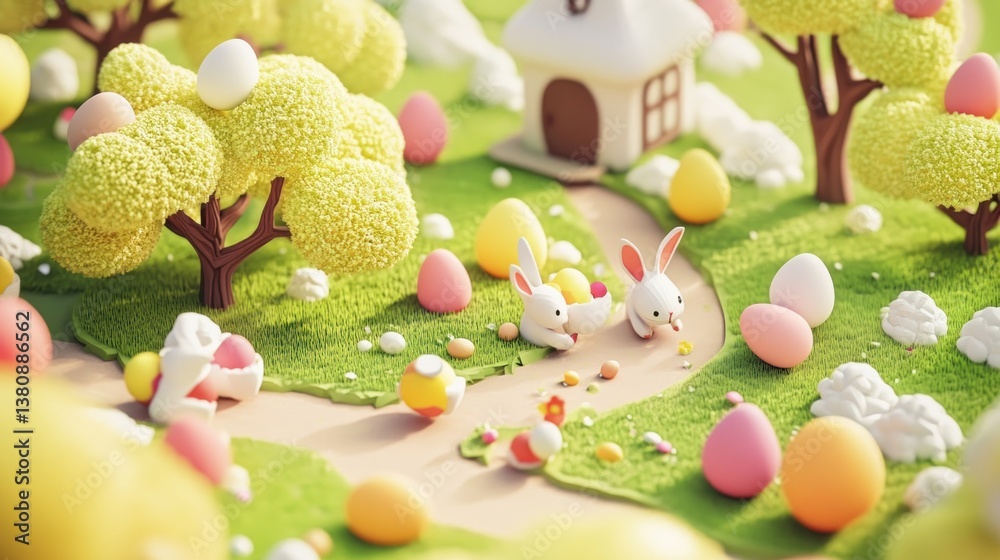 Enchanting Easter Orchard: 3D Isometric Scene with Bunnies and Pastel Eggs