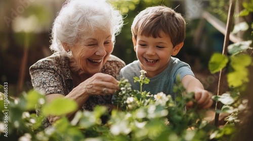 Obraz na płótnie Generational joy a grandmother and grandson share laughter in a sunny garden setting w salonie