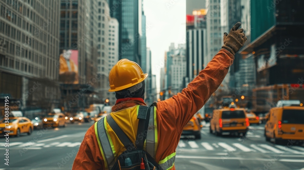 Construction worker managing vehicular traffic in dense urban core, NYC setting