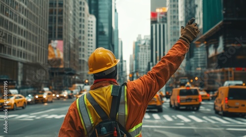 Obraz na płótnie Construction worker managing vehicular traffic in dense urban core, NYC setting w salonie