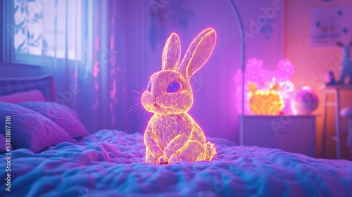 Glowing Rabbit Sitting on a Bed in a Neon Lit Room