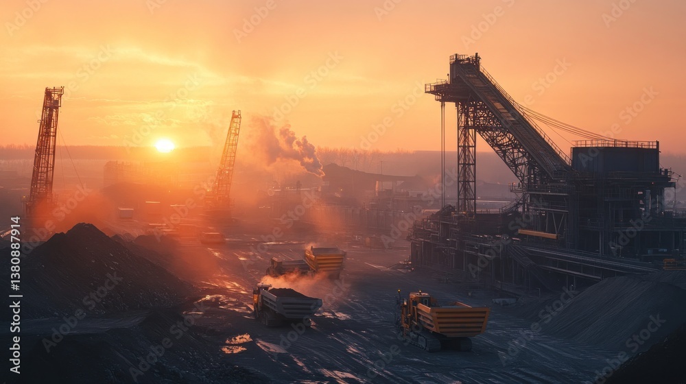 Vibrant sunrise illuminates a large-scale mining operation with heavy machinery