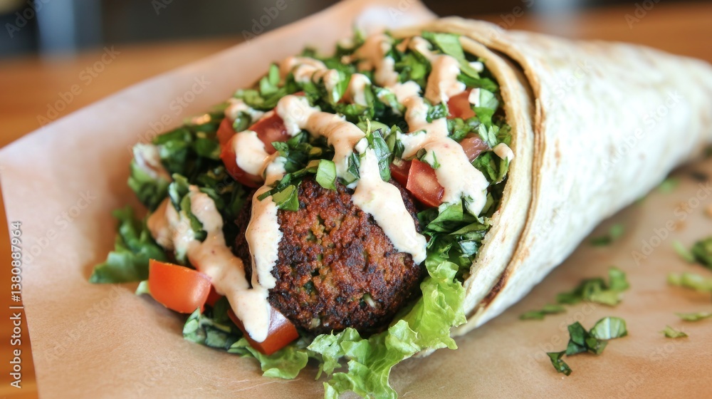 Delicious Middle Eastern falafel wrap with creamy tahini sauce and fresh vegetables
