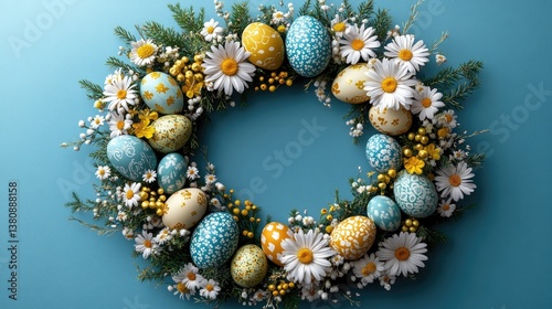 Easter Wreath with Small Daisies and Colored Eggs on Blue Background, Flat Lay Top View, Copy Space for Banner Mockup
