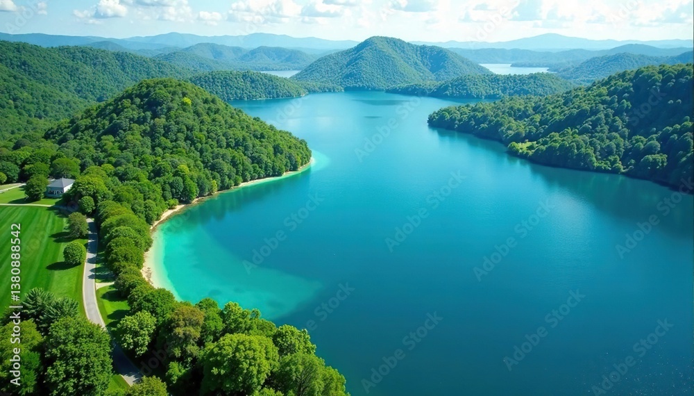 Naklejka premium Distinctive shoreline creates geometric lake shape, image, stock, water