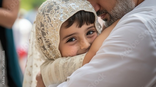 Obraz na płótnie A touching moment child embraces grandfather tenderly during eid celebration w salonie