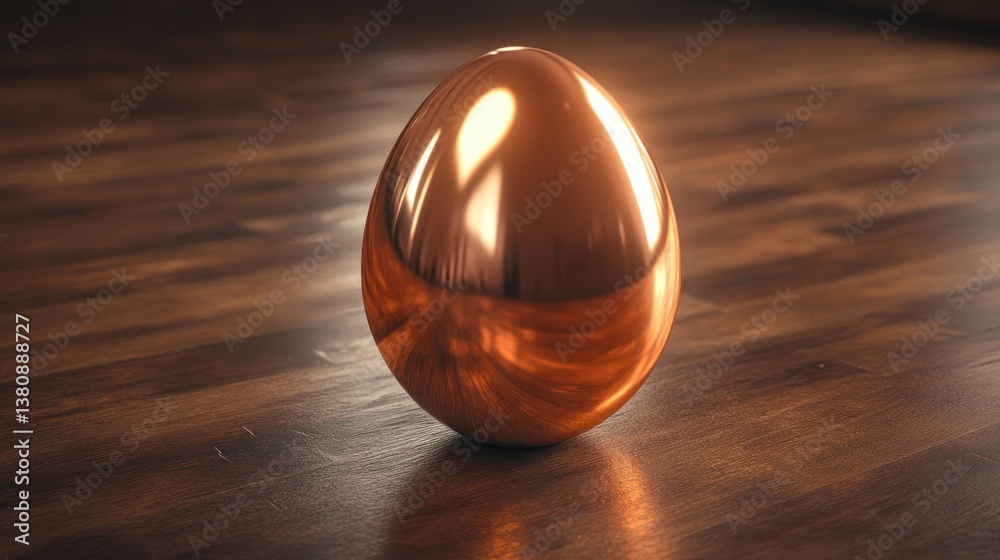 A golden metallic Easter egg with shiny copper finish on a wooden surface
