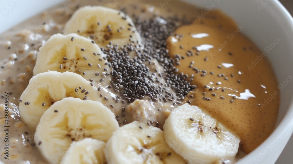 Delicious overnight oats with sliced bananas, almond butter, and chia seeds