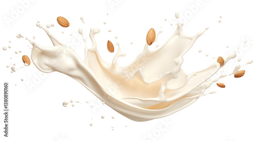 Almond milk splashing with almonds on a transparent background