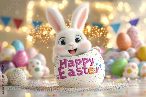 Easter Whimsical 3D Bunny in Pink Sweater Hatching from Decorated Egg with Confetti