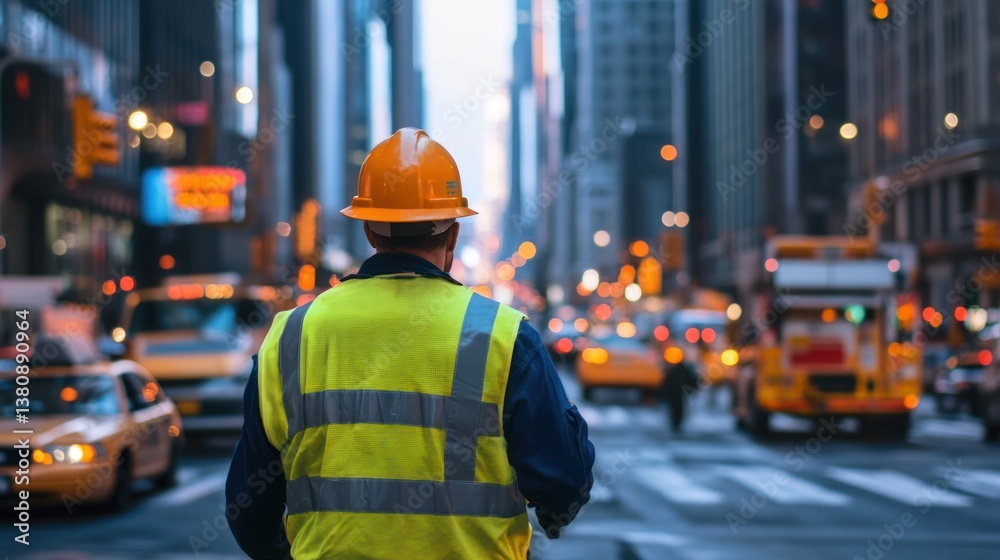 Construction worker overseeing street work in bustling cityscape environment