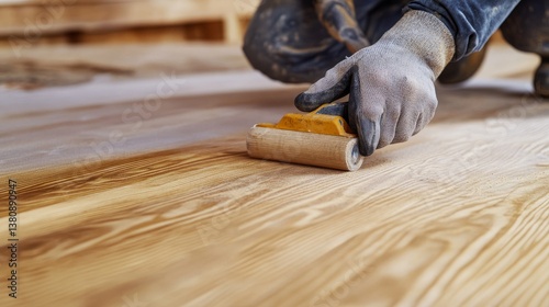 A construction worker sanding a wooden surface for smoothness. Featuring detail and finesse