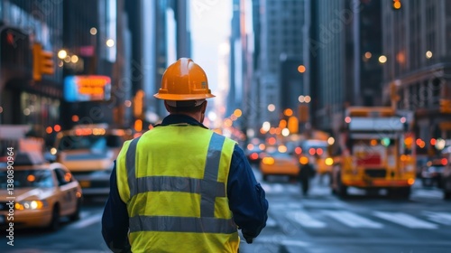 Obraz na płótnie Construction worker overseeing street work in bustling cityscape environment w salonie