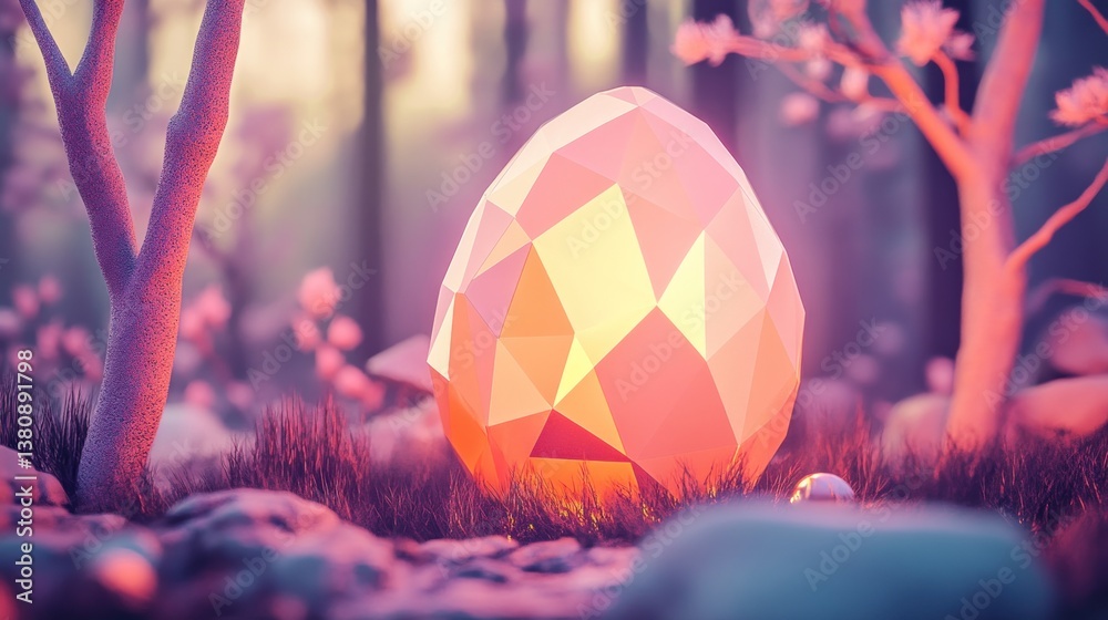 Geometric easter egg nestled in a fantastical forest glade with soft lighting
