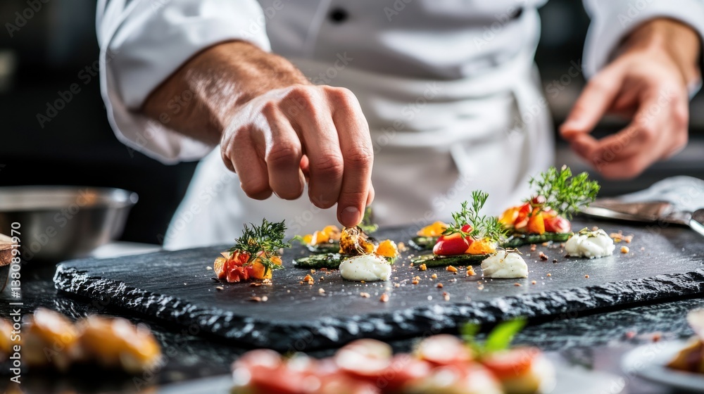 Chef meticulously arranging vibrant appetizers on a textured slate surface in kitchen