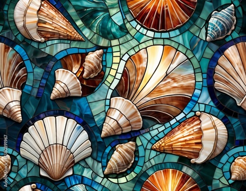 Colorful Mosaic of Shells Against a Blue Background  