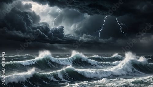 Dark Stormy Sea with Lightning and Turbulent Waves  