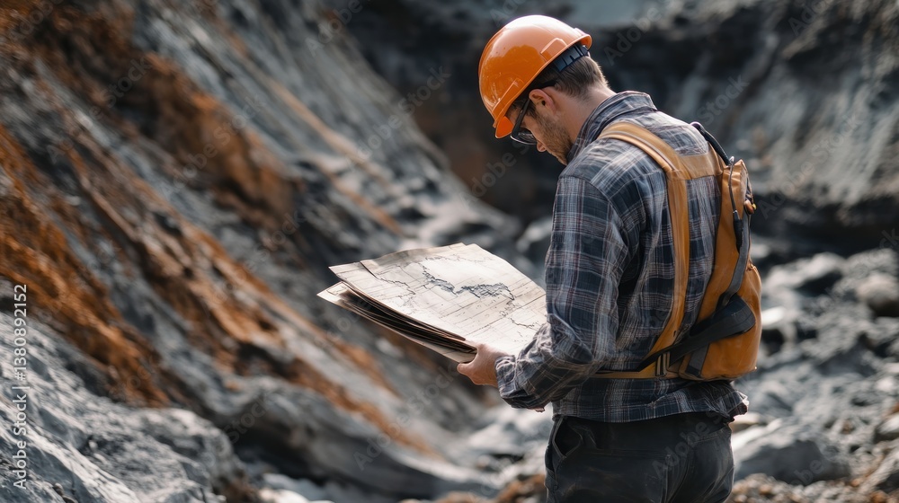 Geologist surveys land formations using maps for mineral resources exploration