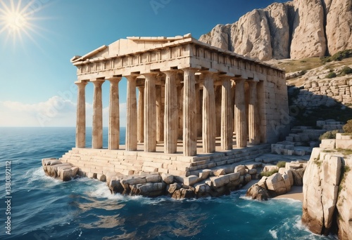 Ancient Greek temple standing by the sea against rocky cliffs  