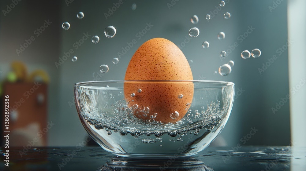 Speckled egg submerged in a glass bowl with water and floating air bubbles