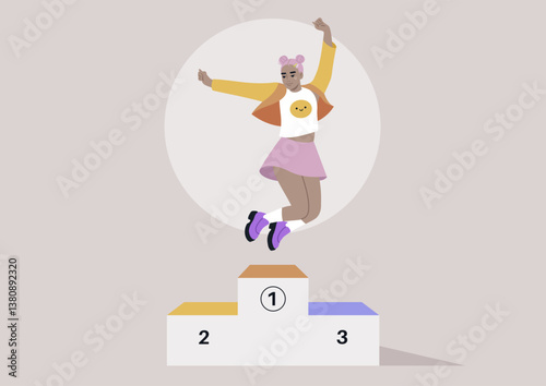 A triumphant young woman jumping for joy on a winner's podium, her hands raised high in celebration, exuding happiness and contentment with her victory